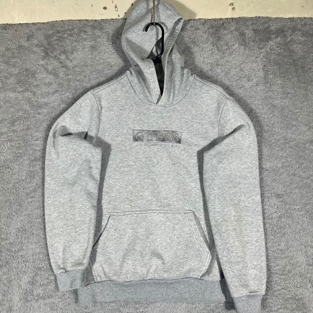 Guess Los Angeles Mens Heather Gray Embroidered Box Logo Fleece Hoodie M